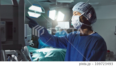 Hospital, doctor and patient monitor for surgery, operating room and setting machine. Operation, medical or diagnosis for high blood pressure, vital signs and data change in anesthesia, type or check 109723493