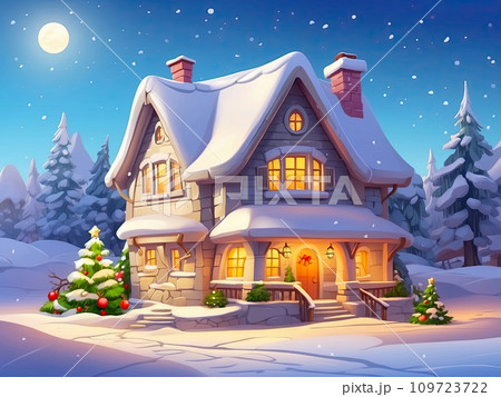 Cartoon Cozy wooden house in mountains at night with christmas trees and gifts in winter in the snow and snowfall with Christmas decor - holiday card. AI generated 109723722