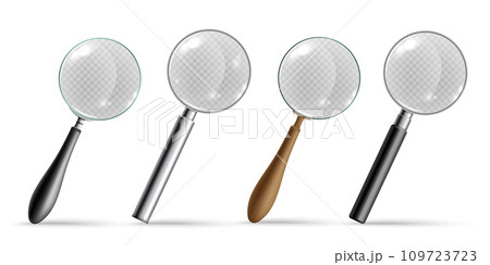 Realistic magnifying glass set with transparent lens and different handle shapes 109723723