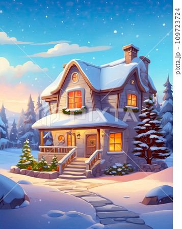 Cartoon Cozy wooden house in mountains at night with christmas trees and gifts in winter in the snow and snowfall with Christmas decor - holiday card. AI generated Cartoon Cozy wooden house in mountains at night with christmas trees and gifts in winter in the snow and snowfall with Christmas decor - holiday card. AI generated 109723724