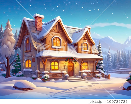 Cartoon Cozy wooden house in mountains at night with christmas trees and gifts in winter in the snow and snowfall with Christmas decor - holiday card. AI generated 109723725