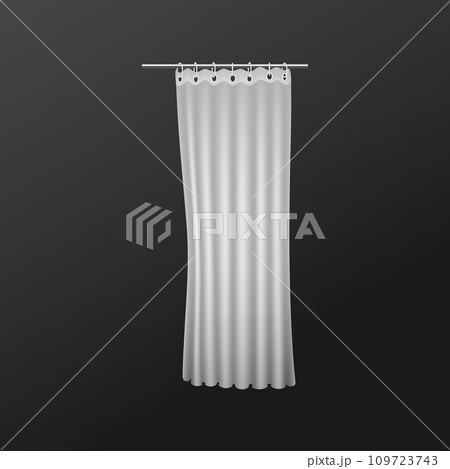 Realistic white shower curtain mockup hanging on metal rod 109723743