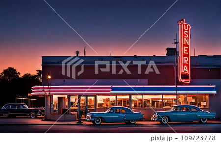 Vintage USA vibes: 60s outdoor dinner, neon signs, and cars 109723778