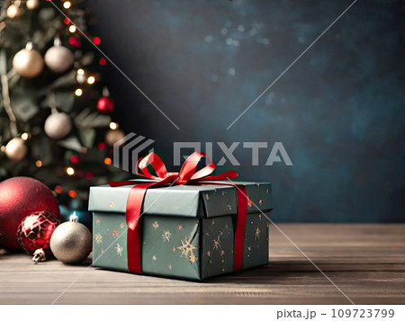 Christmas background with gift box classic colors with red bows on a wooden floor and a solid background. Festive mood Christmas and New Year, copy space. AI generated 109723799