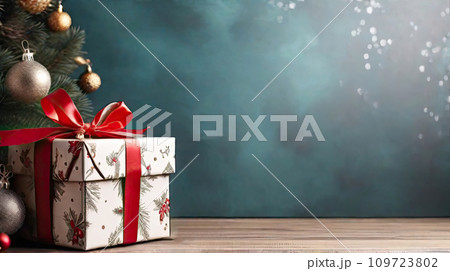 Christmas background with gift box classic colors with red bows on a wooden floor and a solid background. Festive mood Christmas and New Year, copy space. AI generated 109723802