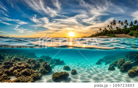 Underwater magic: Split view of sunlit sea and underwater scene 109723803