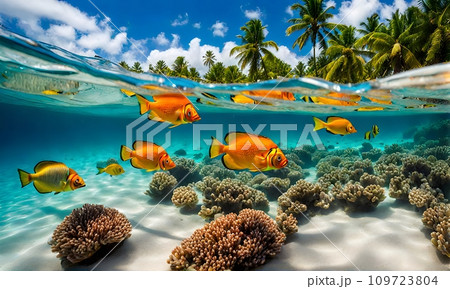 Underwater magic: Split view of sunlit sea and vibrant underwater scene 109723804