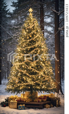 Fairy Christmas tree glows with warm fairy lights with golden decor in the forest in winter with snow, boxes with gifts are lying under fir tree. Christmas and New Year, festive mood, greeting card. 109723813