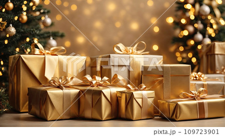 Christmas background with gift boxes with bows in bright gold tones, bokeh and fairy light, Christmas tree in the interior of the house. Festive mood Christmas and New Year, card. AI generated 109723901
