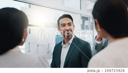 Businessman, coaching and listening to team in meeting, schedule planning or brainstorming on glass board at office. Asian man and business people in staff training, project plan or task at workplace Businessman, coaching and listening to team in meeting, schedule planning or brainstorming on glass board at office. Asian man and business people in staff training, project plan or task at workplace 109723926