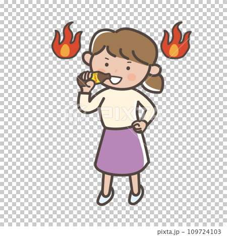 栄養ドリンクを飲んでリスタートの気合いを入れる女性のイラスト 109724103