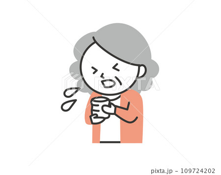 お茶を飲んでむせる高齢の女性のイラスト 109724202