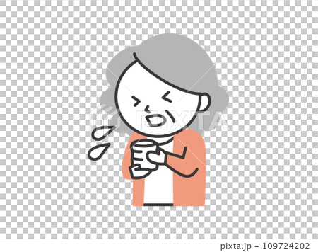 お茶を飲んでむせる高齢の女性のイラスト 109724202