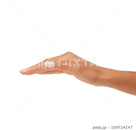 Woman, hand and nails in studio with skincare for cosmetics, manicure or nail treatment for wellness. Person, fingers or mock up space for cosmetology, moisturiser and smooth skin on white background 109724247