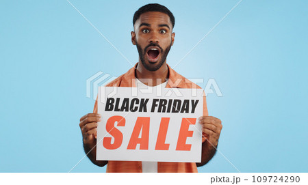 Black Friday sales poster, happy man or surprise ads commercial, discount promo banner or studio sign. Billboard, info or portrait person presentation, announcement or notification on blue background Black Friday sales poster, happy man or surprise ads commercial, discount promo banner or studio sign. Billboard, info or portrait person presentation, announcement or notification on blue background 109724290