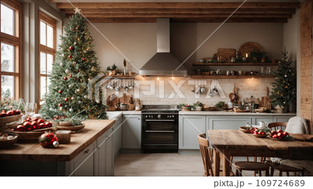 Cozy village kitchen with Christmas decor, new Year's mood, preparing for the holiday, utensils. Merry Christmas and Happy New Year greeting card, home warmth. AI generated 109724689