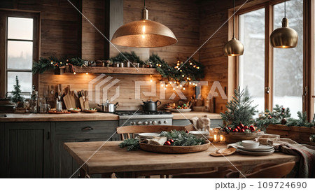 Cozy village kitchen with Christmas decor, new Year's mood, preparing for the holiday, utensils. Merry Christmas and Happy New Year greeting card, home warmth. AI generated 109724690