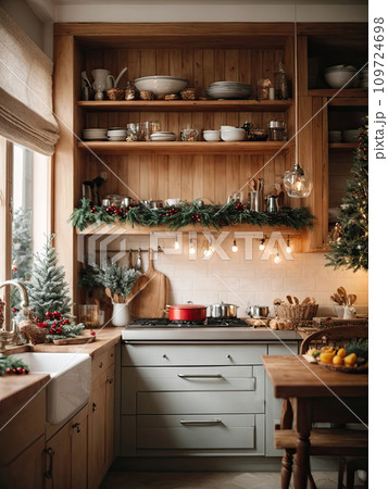 Cozy village kitchen with Christmas decor, new Year's mood, preparing for the holiday, utensils. Merry Christmas and Happy New Year greeting card, home warmth. AI generated 109724698