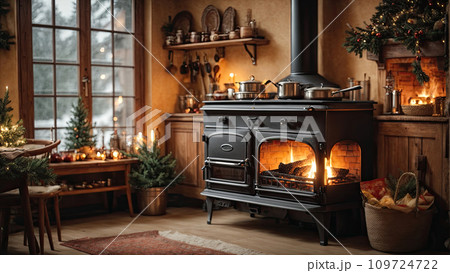 Cozy village kitchen with Christmas decor and a cast iron stove fireplace, new Year's mood, preparing for the holiday, utensils. Merry Christmas and Happy New Year greeting card, home warmth. AI 109724722