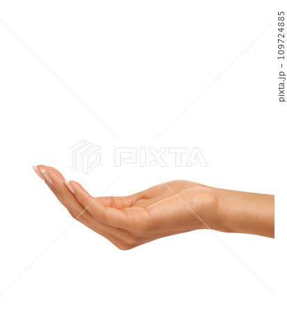 Woman, hand and wrist in studio with manicure for cosmetics, skincare or nail treatment for wellness. Person, fingers or mock up space for cosmetology, moisturiser and smooth skin on white background 109724885