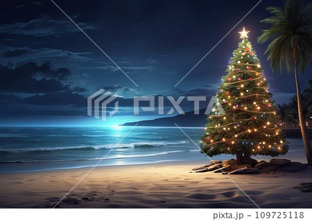 glowing Christmas tree with gift boxes on the ocean with palm trees. A tourist trip for Christmas and New Year to tropical countries, a vacation at the sea. Copy space. AI generated 109725118