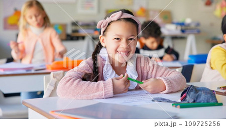 Smile, education and study with girl in classroom for learning, knowledge and writing. Scholarship, happy and future with portrait of young student at school for academy, exam test and project 109725256