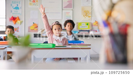 Education, question and students with girl in classroom for learning, discussion and knowledge. Help, studying and future with children and hands raised at school for why, scholarship and answer Education, question and students with girl in classroom for learning, discussion and knowledge. Help, studying and future with children and hands raised at school for why, scholarship and answer 109725650