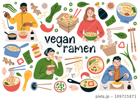 People eating vegan chinese food, vegetarian ramen hand drawn collection, plant based Asian noodles, vector illustrations of bowls with Korean and Japanese food, noodle soup with vegetable toppings People eating vegan chinese food, vegetarian ramen hand drawn collection, plant based Asian noodles, vector illustrations of bowls with Korean and Japanese food, noodle soup with vegetable toppings 109725871