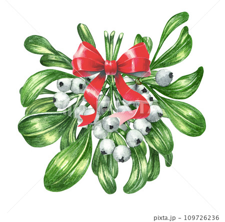 Watercolor Floral Mistletoe twig with a bow. Christmas wreath traditional decoration 109726236