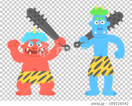 Red demon and blue demon with metal rods 109726542