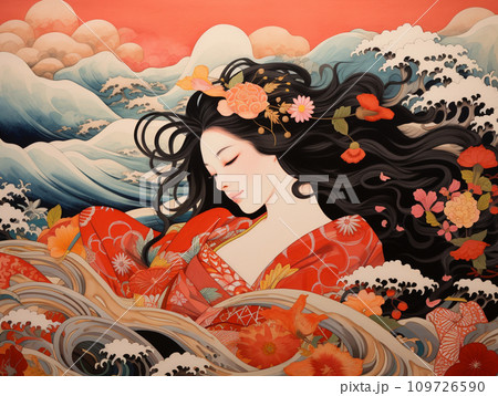 浮世絵風 着物を着た笑う女 浮世絵風 着物を着た笑う女 109726590