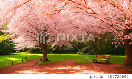 桜の風景のイラスト、満開のサクラとベンチ、AI生成画像 109726645
