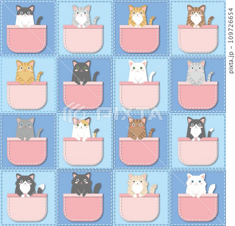 ポケットに入った猫_色々な柄の猫_ピンク色のポケット_背景色青_セット ポケットに入った猫_色々な柄の猫_ピンク色のポケット_背景色青_セット 109726654