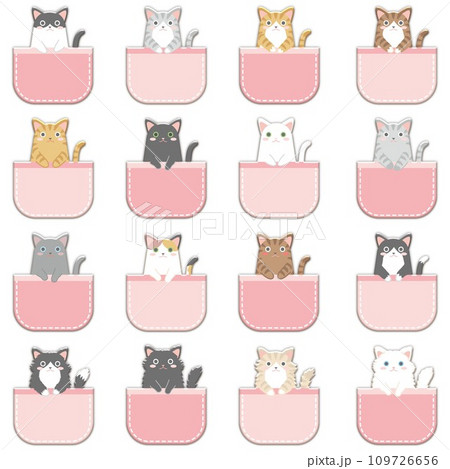 ポケットに入った猫_色々な柄の猫_ピンク色のポケット_セット 109726656