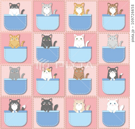 ポケットに入った猫_色々な柄の猫_青色のポケット_背景ピンク色_セット ポケットに入った猫_色々な柄の猫_青色のポケット_背景ピンク色_セット 109726658