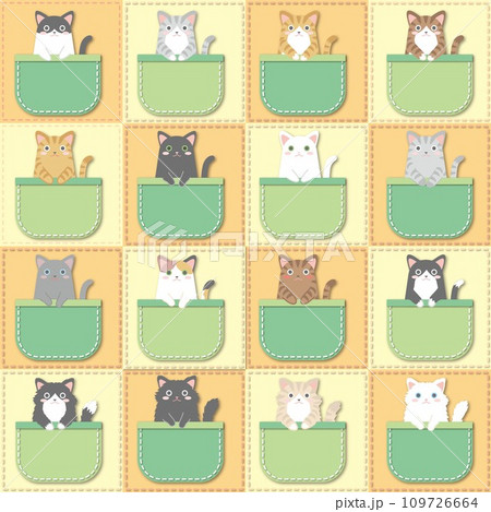 ポケットに入った猫_色々な柄の猫_緑色のポケット_背景黄色_セット 109726664