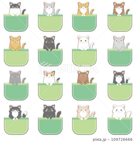 ポケットに入った猫_色々な柄の猫_緑色のポケット_セット ポケットに入った猫_色々な柄の猫_緑色のポケット_セット 109726666