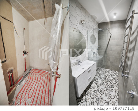 Photo collage of apartment bathroom before and after restoration. Comparison of old room with underfloor heating pipes and new renovated restroom with sink, shower, mirror and towel dryer. 109727119