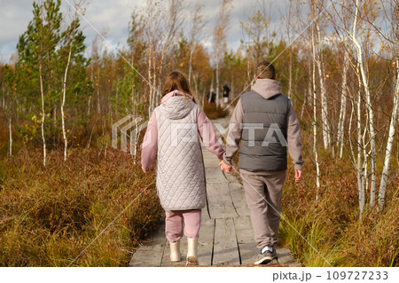 Two tourists walk along a wooden path in a swamp in Yelnya, Belarus 109727233