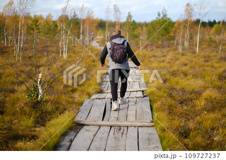 A man with a backpack walks along a wooden path in a swamp in Yelnya, Belarus 109727237