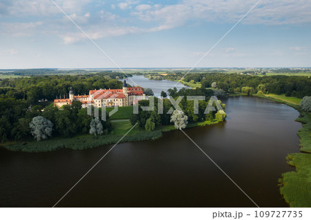 Top view of the Nesvizh Castle and the park on a summer day.Belarus 109727735