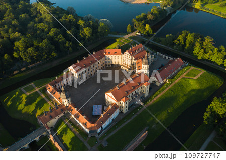 Top view of the Nesvizh Castle before sunset.Belarus 109727747