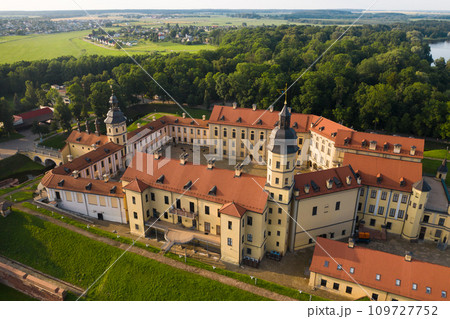 Top view of the Nesvizh Castle before sunset.Belarus 109727752