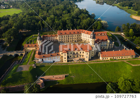 Top view of the Nesvizh Castle before sunset.Belarus 109727763