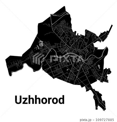 Uzhhorod city map, Ukraine. Municipal administrative borders, black and white area map with rivers and roads, parks and railways. 109727885