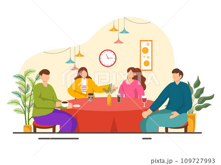 Double Date Vector Illustration with Two Couples who were Eating and Drinking Together in a Restaurant in Flat Cartoon Background Design 109727993