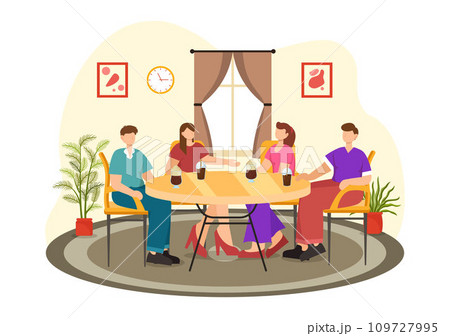 Double Date Vector Illustration with Two Couples who were Eating and Drinking Together in a Restaurant in Flat Cartoon Background Design 109727995