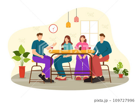 Double Date Vector Illustration with Two Couples who were Eating and Drinking Together in a Restaurant in Flat Cartoon Background Design 109727996
