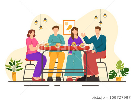 Double Date Vector Illustration with Two Couples who were Eating and Drinking Together in a Restaurant in Flat Cartoon Background Design 109727997