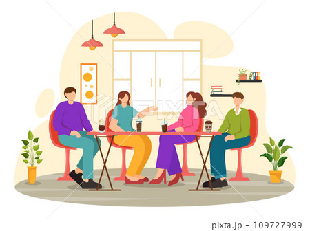 Double Date Vector Illustration with Two Couples who were Eating and Drinking Together in a Restaurant in Flat Cartoon Background Design 109727999